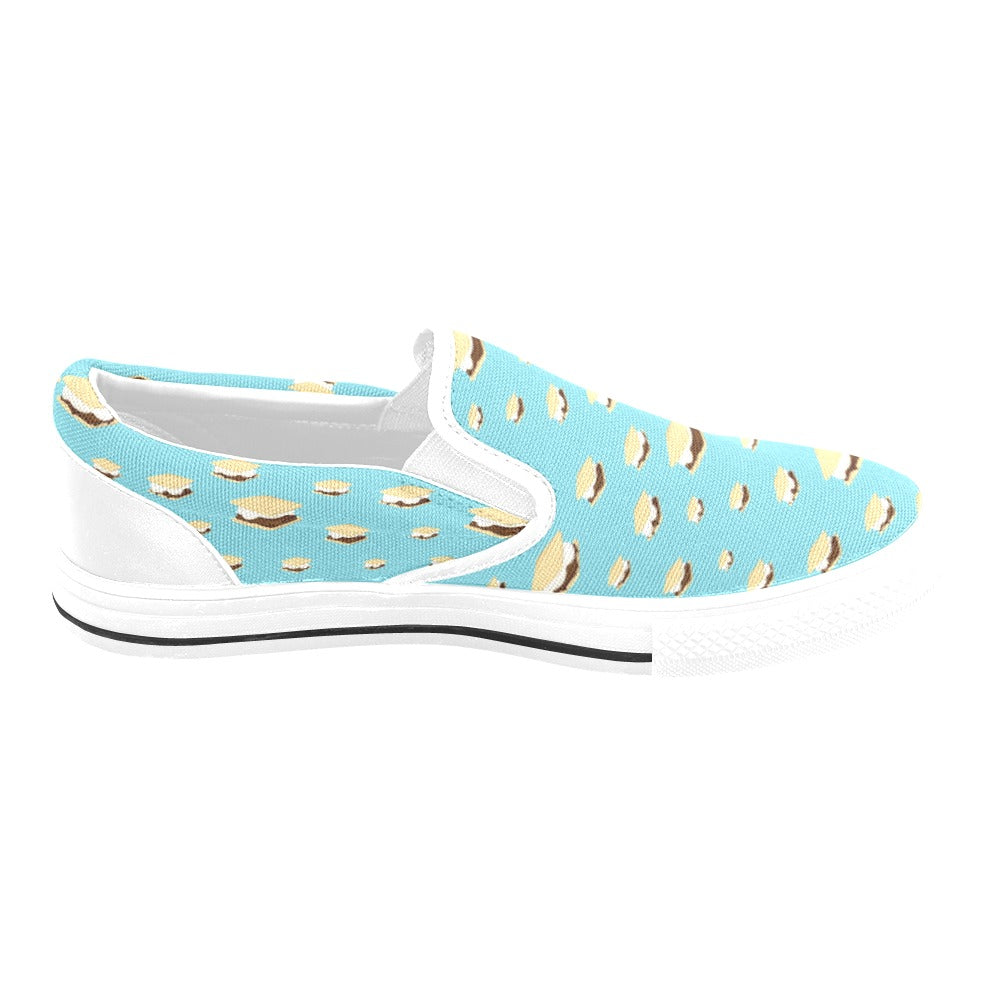 S_Mores Print Design LKS302 White Slip Ons Canvas Women's Shoes