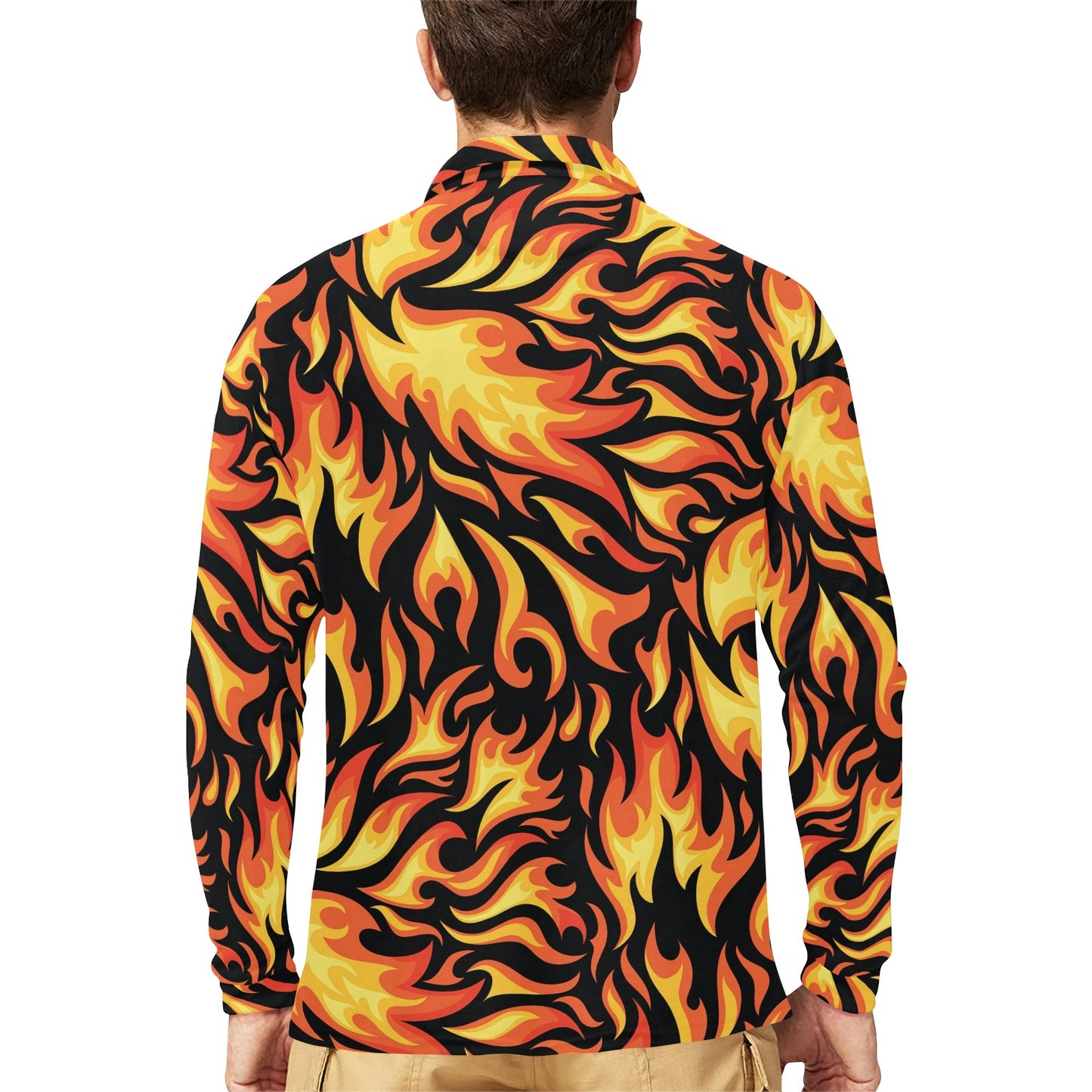 Flame Fire Design Pattern Long Sleeve Polo Shirt For Men's
