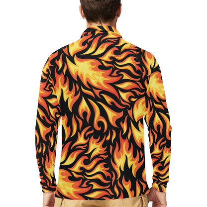 Flame Fire Design Pattern Long Sleeve Polo Shirt For Men's