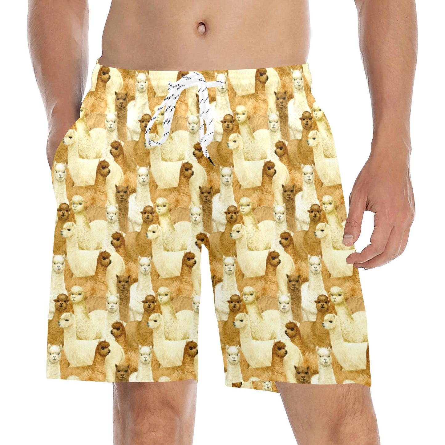 Alpaca Watercolor Design Themed Print Men's Swim Trunks Beach Shorts