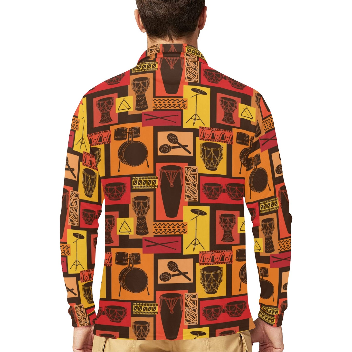 Percussion Pattern Print Design 02 Long Sleeve Polo Shirt For Men's