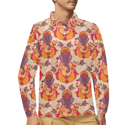 Ganesha Indian Pattern Print Design 02 Long Sleeve Polo Shirt For Men's