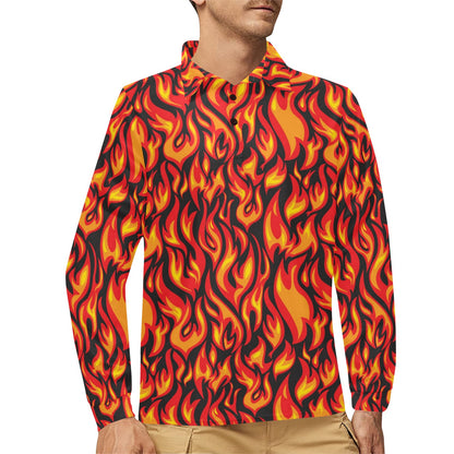 Flame Fire Print Pattern Long Sleeve Polo Shirt For Men's