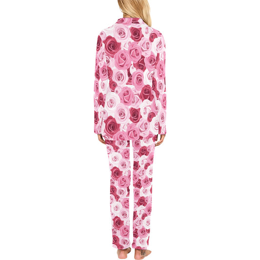 Pink Red Rose Pattern Print Women's Long Pajama Set
