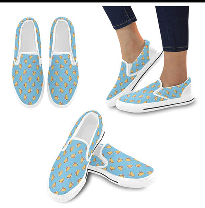 Taco Print Design LKS301 White Slip Ons Canvas Women's Shoes