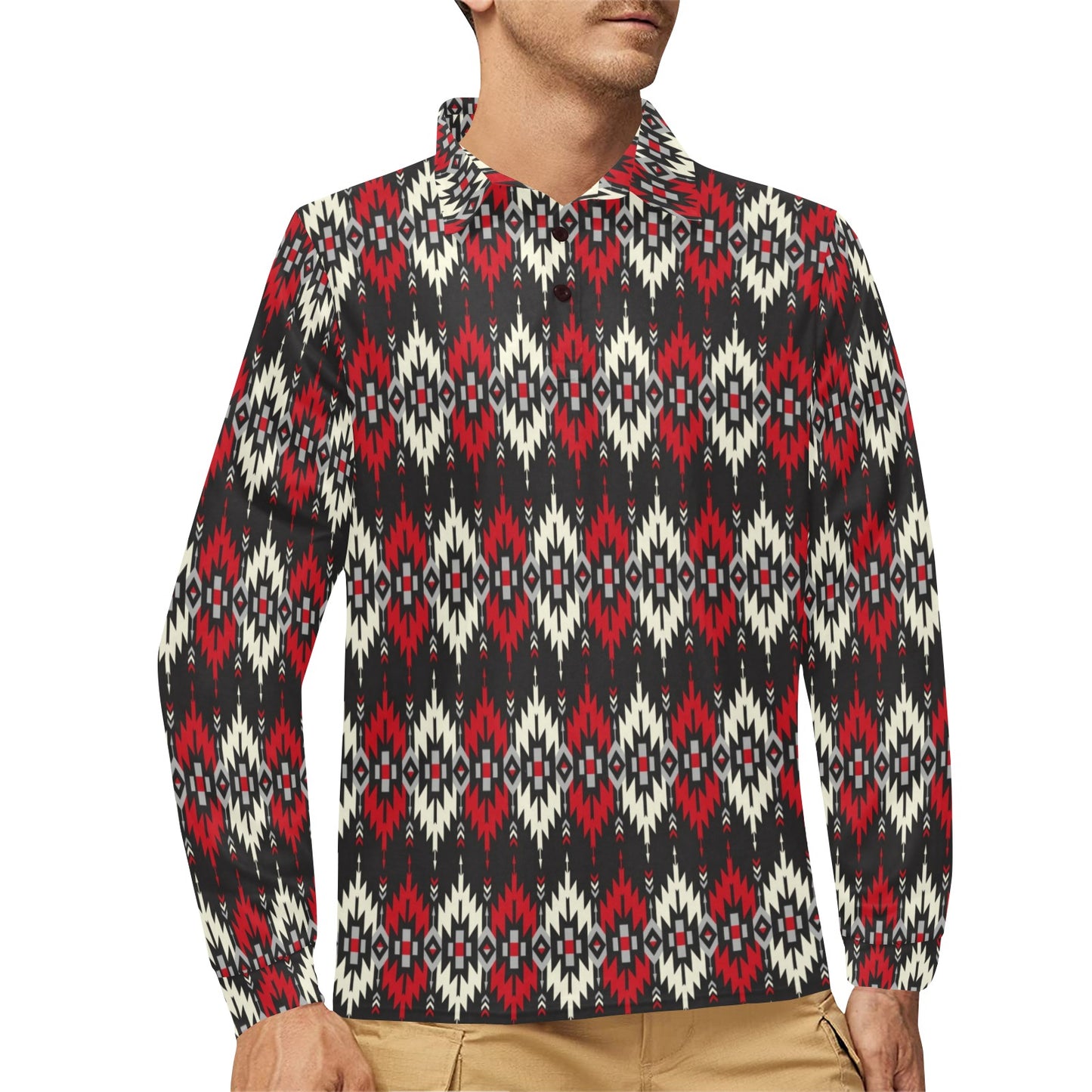 Southwestern Pattern Long Sleeve Polo Shirt For Men's