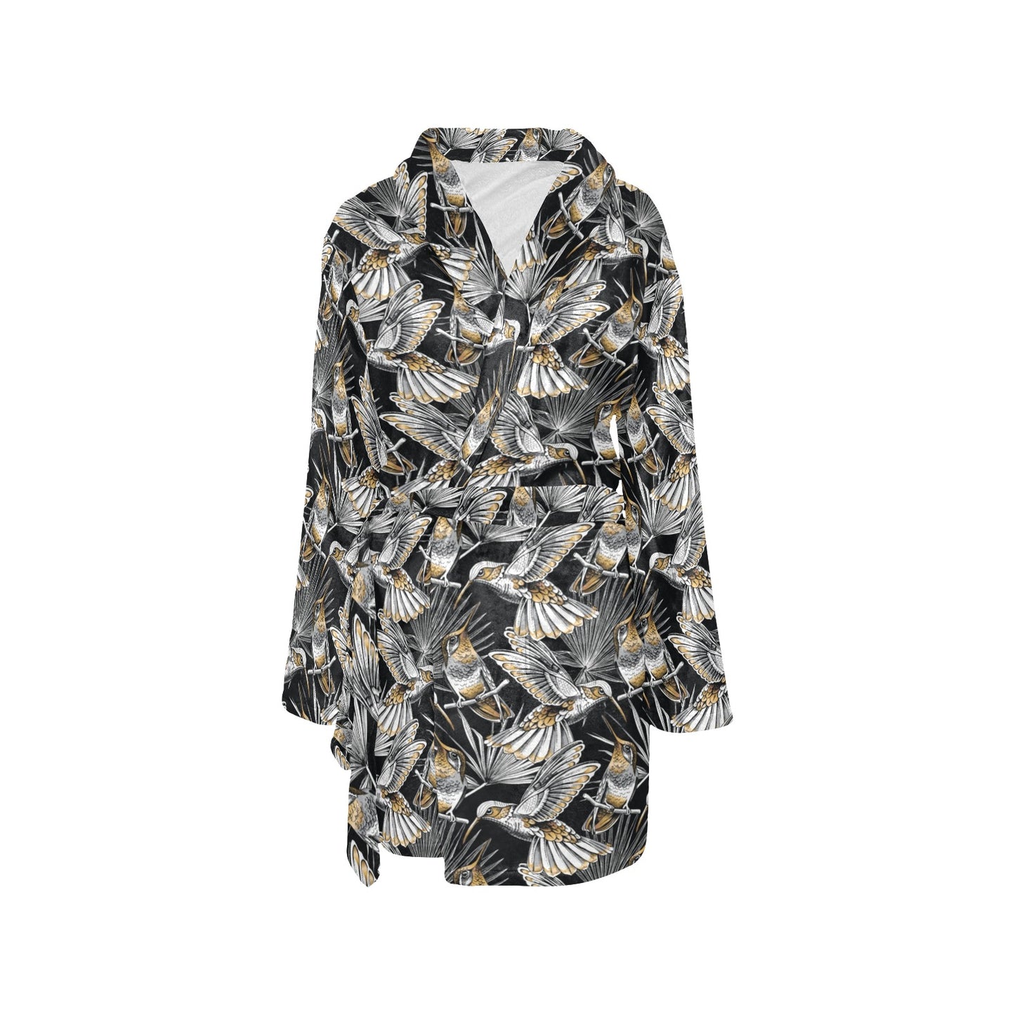 Hummingbird Gold Design Themed Print Women's Fleece Robe
