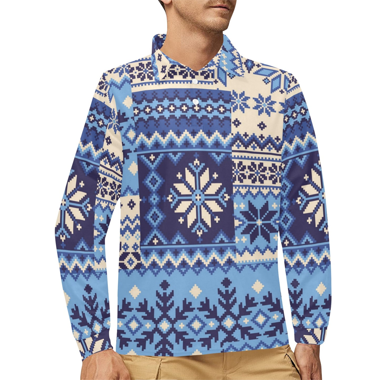 Nordic Pattern Print Design A04 Long Sleeve Polo Shirt For Men's