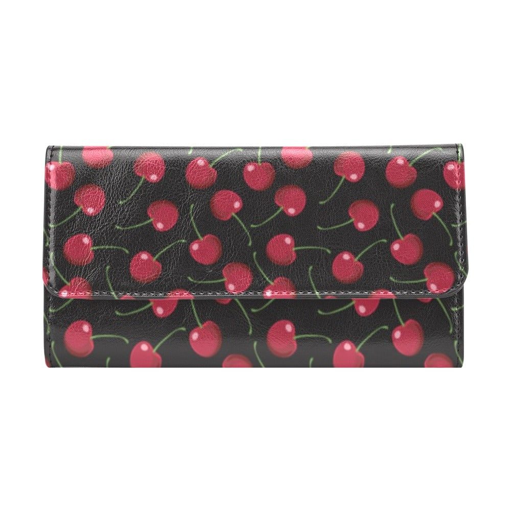Cherry Black Background Women's Trifold Wallet