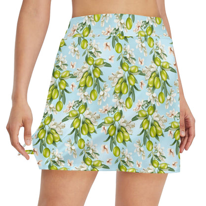 Elegant Olive Floral Print 17" Golf & Pickleball Skort with Pockets