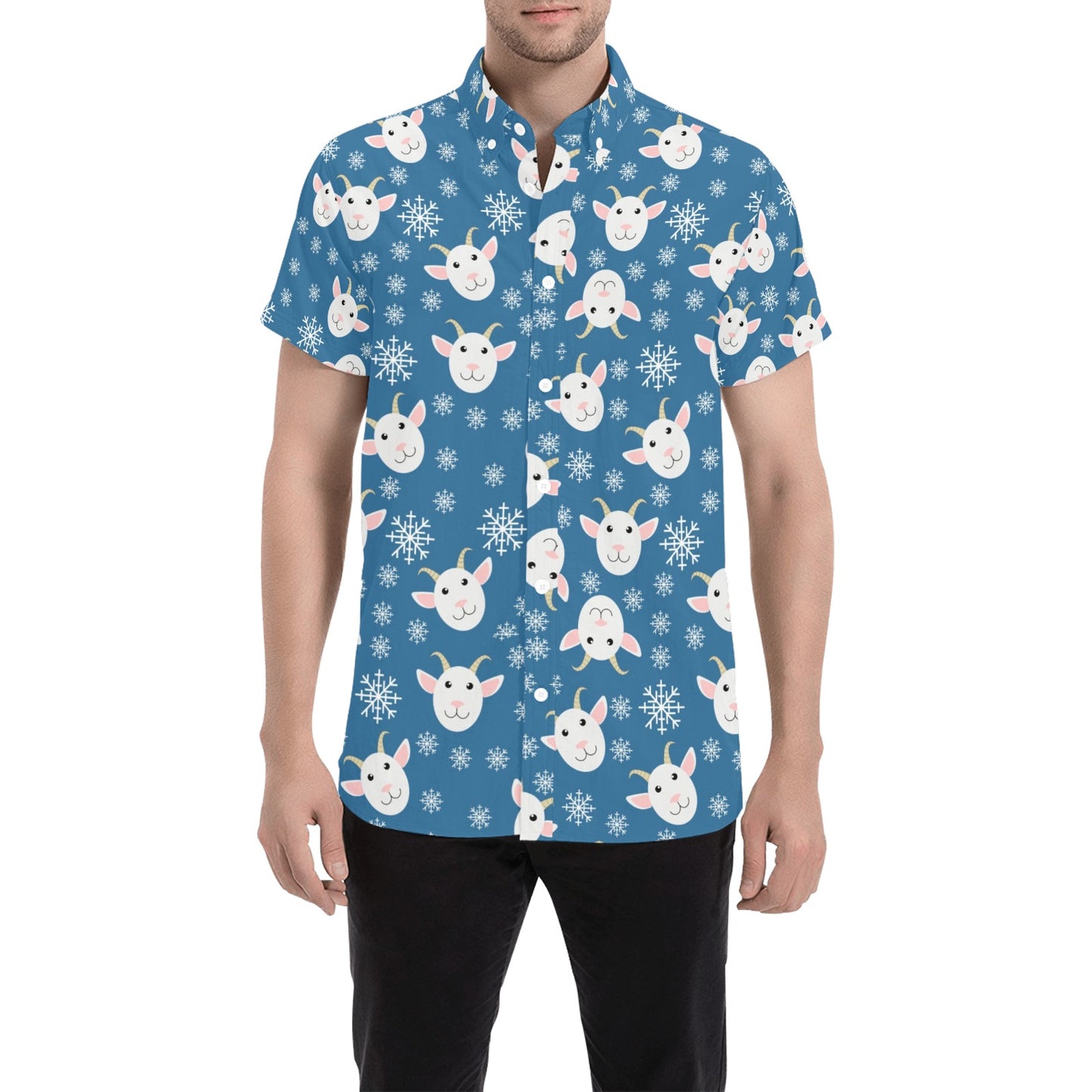 Goat Print Design LKS402 Men Short Sleeve Button Up Shirt