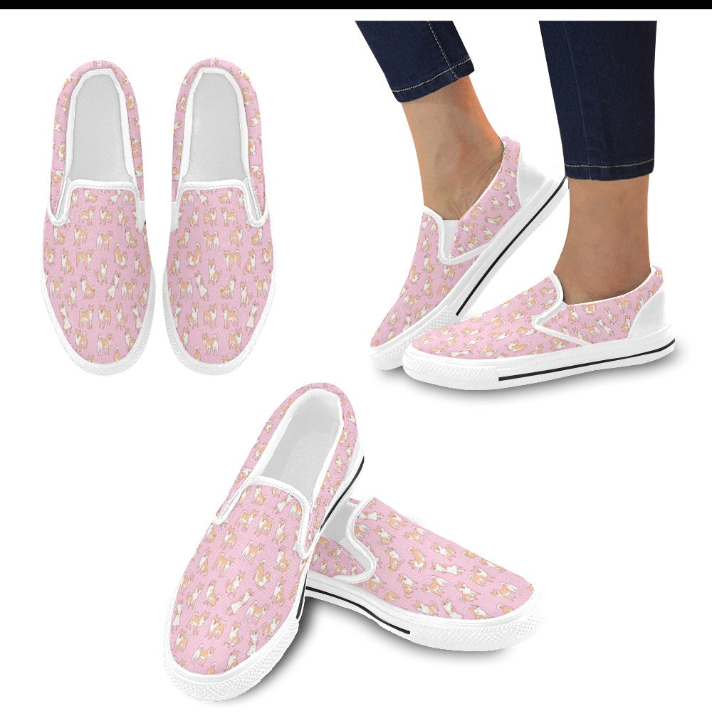 Shiba Inu Print Design LKS303 White Slip Ons Canvas Women's Shoes