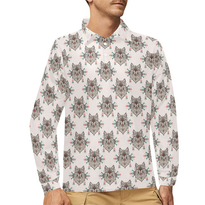 Aztec Wolf Pattern Print Design 01 Long Sleeve Polo Shirt For Men's