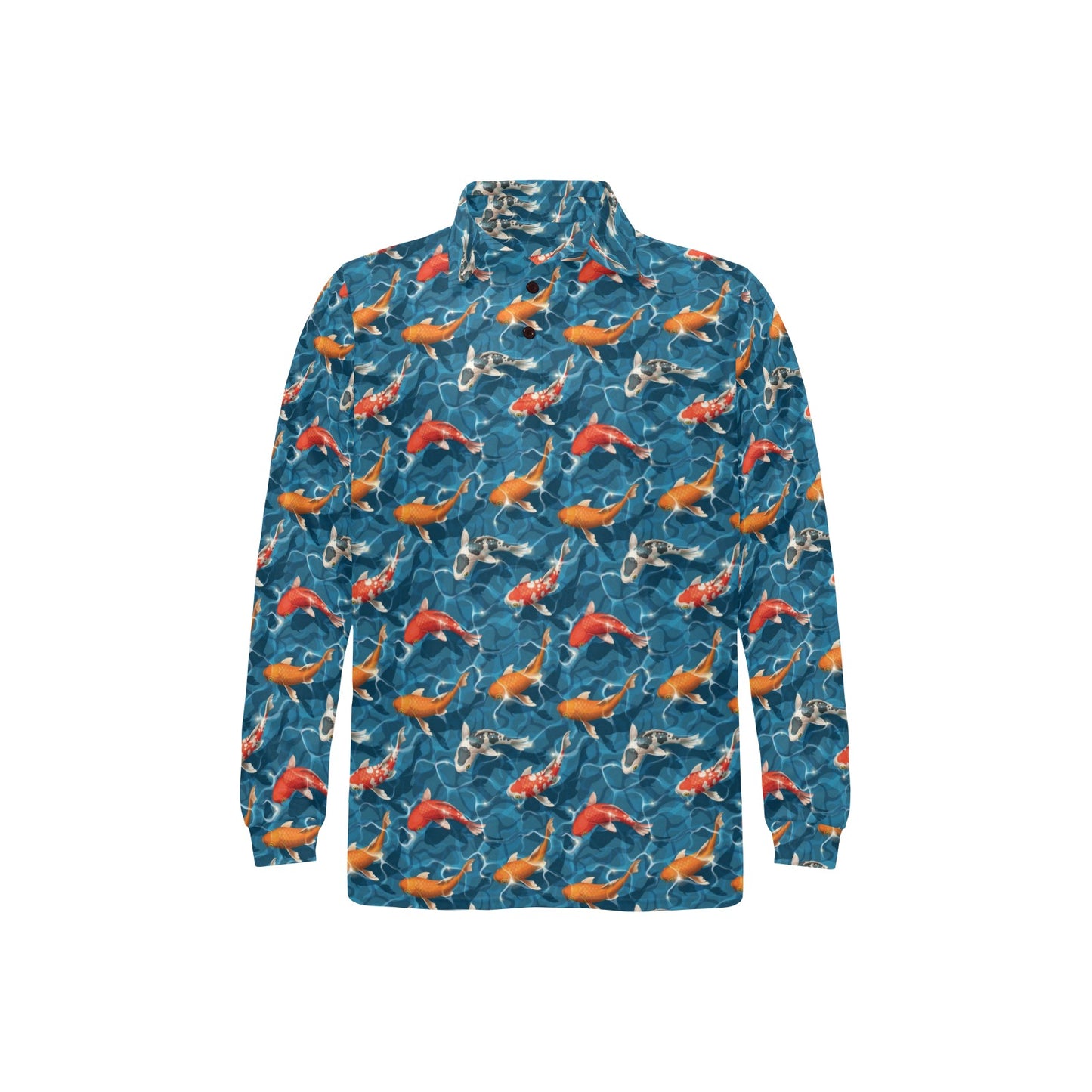 Koi Carp Water Design Themed Print Long Sleeve Polo Shirt For Men's