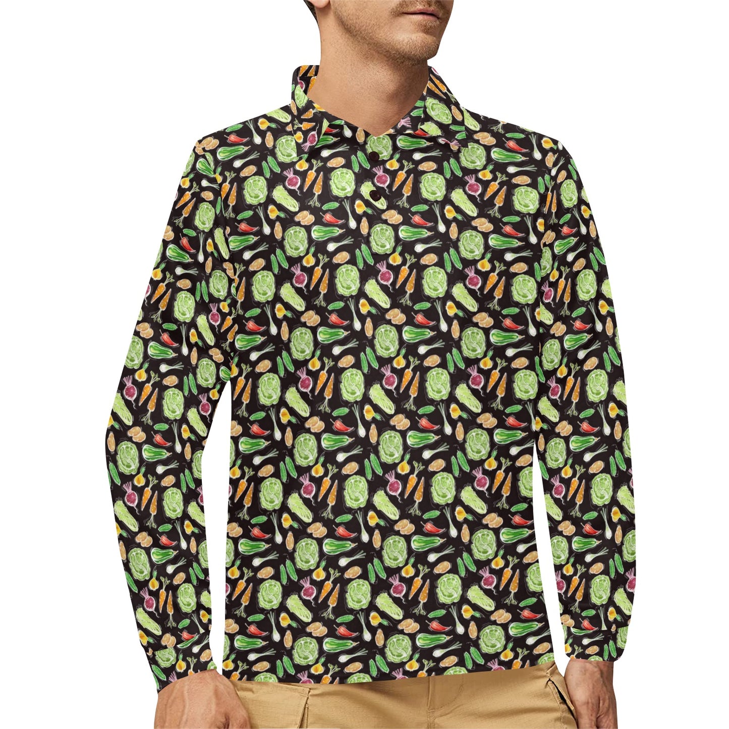 Vegan Draw Themed Design Print Long Sleeve Polo Shirt For Men's