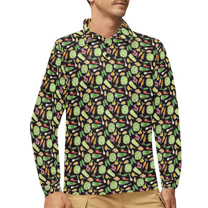 Vegan Draw Themed Design Print Long Sleeve Polo Shirt For Men's
