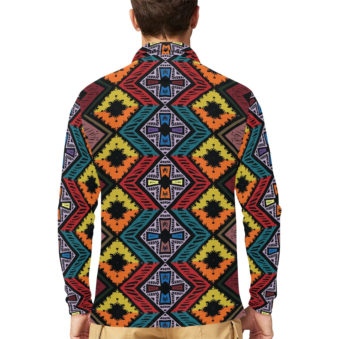 African Pattern Print Design 08 Long Sleeve Polo Shirt For Men's