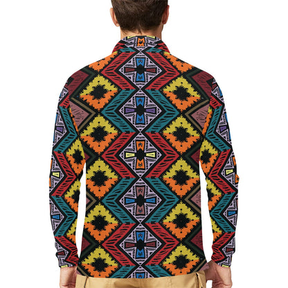 African Pattern Print Design 08 Long Sleeve Polo Shirt For Men's