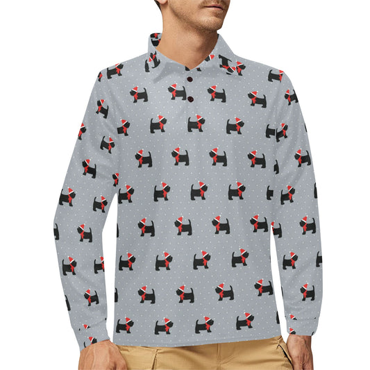 Scottish Christmas Themed Terriers Print Design LKS3018 Long Sleeve Polo Shirt For Men's