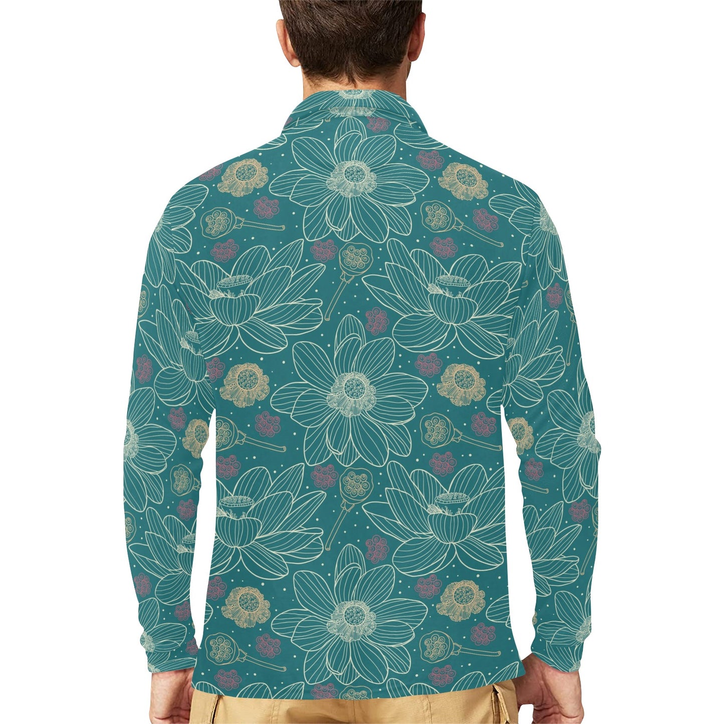 Lotus Pattern Print Design 01 Long Sleeve Polo Shirt For Men's