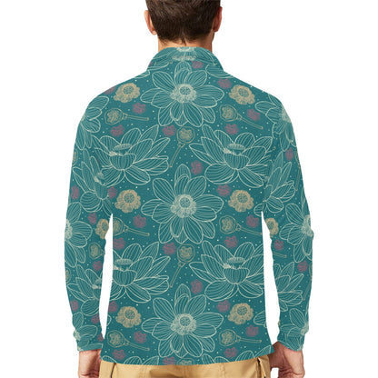 Lotus Pattern Print Design 01 Long Sleeve Polo Shirt For Men's