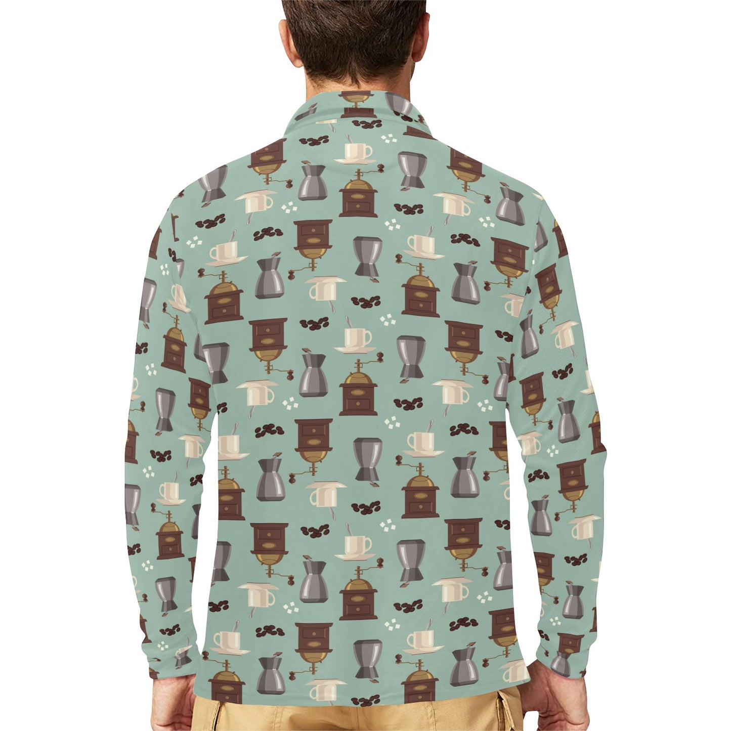 Coffee Pattern Print Design 04 Long Sleeve Polo Shirt For Men's