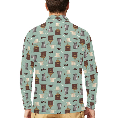 Coffee Pattern Print Design 04 Long Sleeve Polo Shirt For Men's
