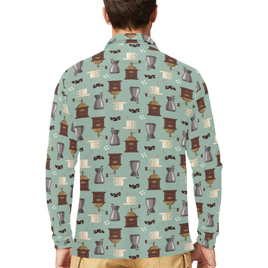 Coffee Pattern Print Design 04 Long Sleeve Polo Shirt For Men's