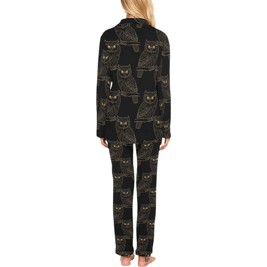 Gold Owl Pattern Women's Long Pajama Set