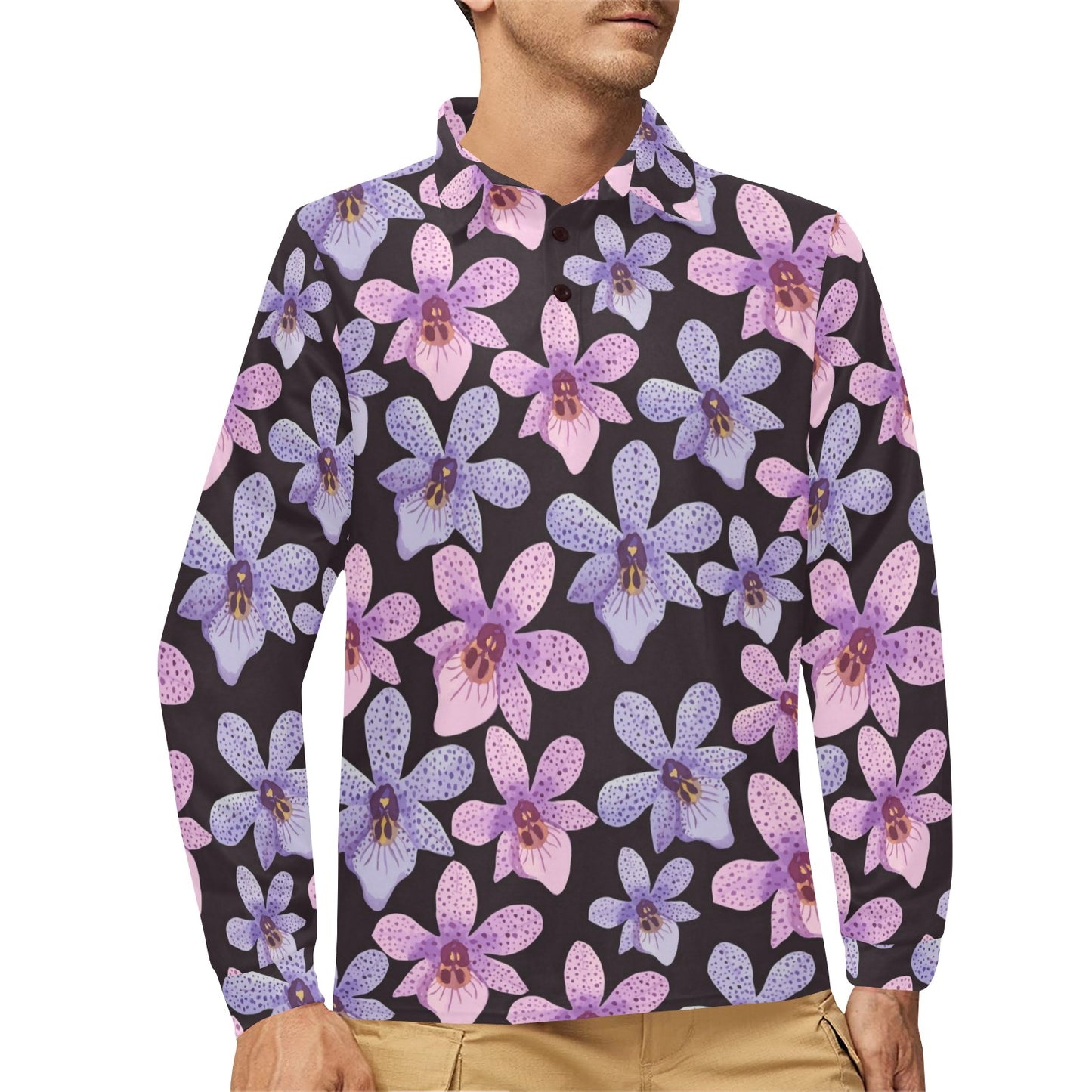 Orchid Pattern Print Design OR08 Long Sleeve Polo Shirt For Men's