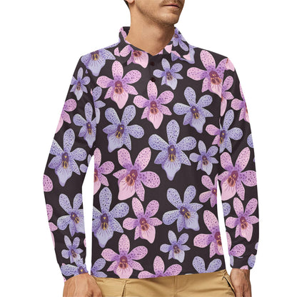 Orchid Pattern Print Design OR08 Long Sleeve Polo Shirt For Men's