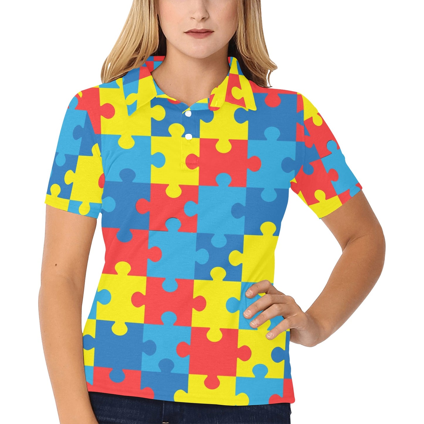 Autism Awareness Puzzles Design Print Women's Polo Shirt