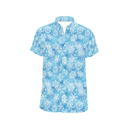 Snowflake Blue Print Design LKS301 Men Short Sleeve Button Up Shirt