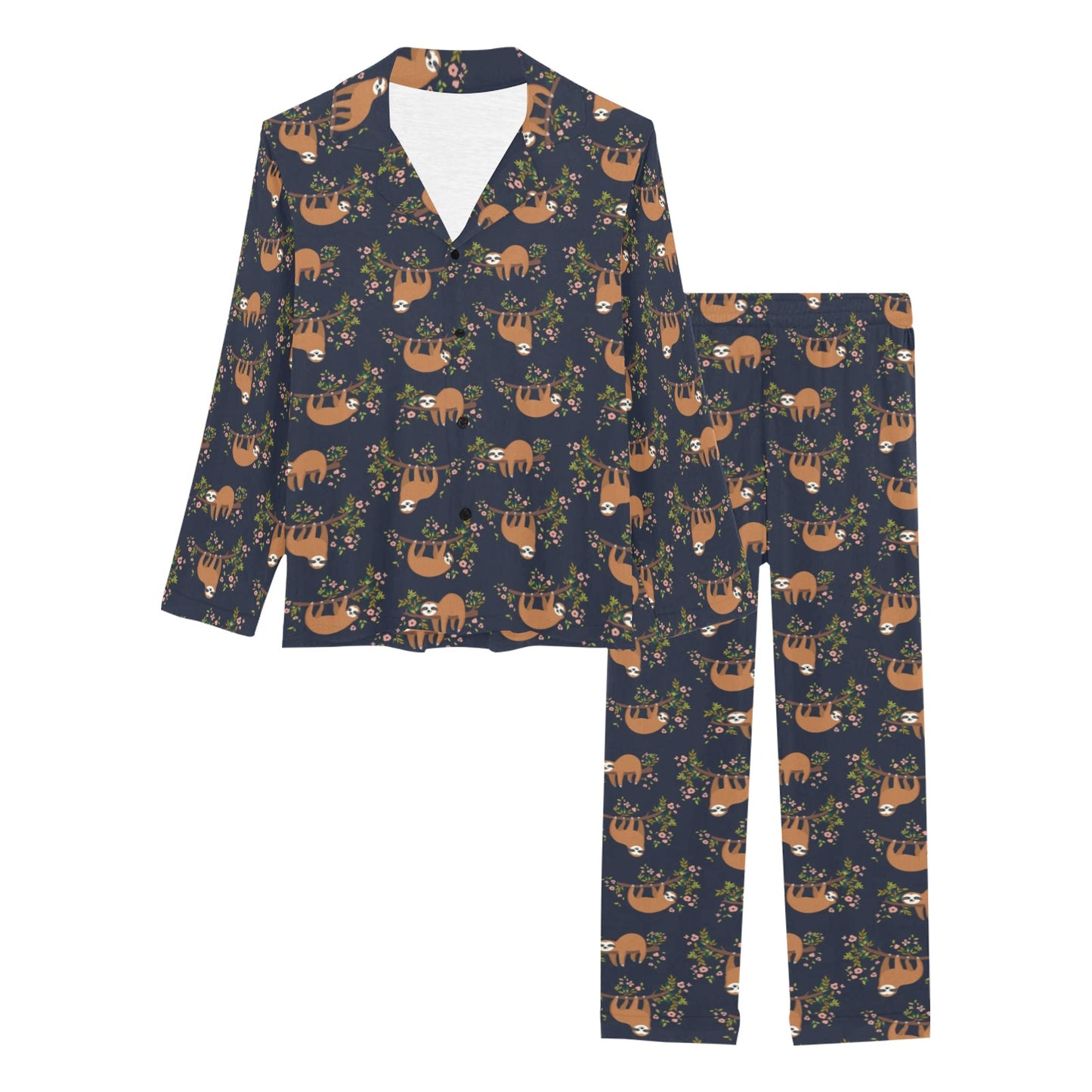 Sloth flower Design Themed Print Women's Long Pajama Set