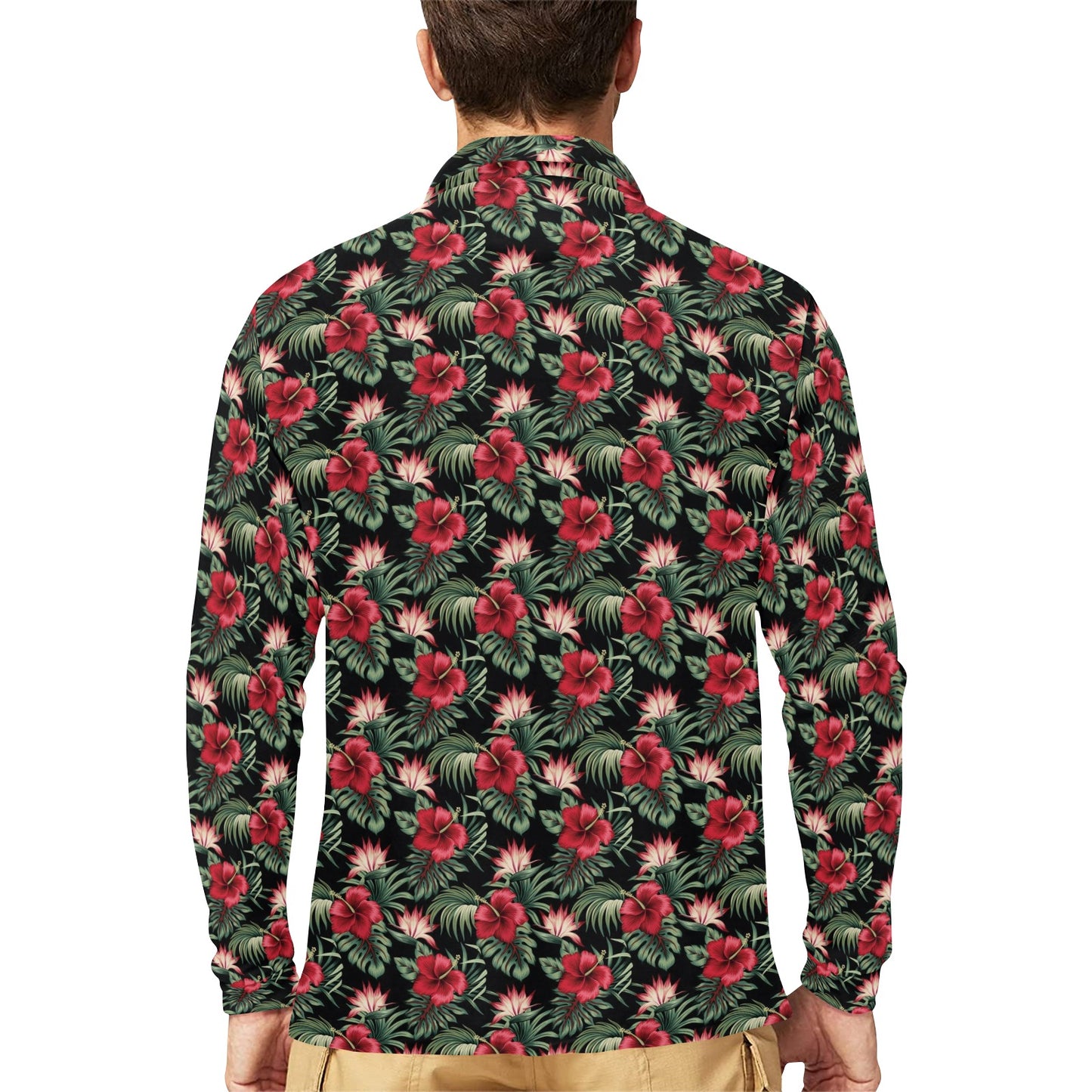 Flower Hawaiian Red Hibiscus Design Print Long Sleeve Polo Shirt For Men's