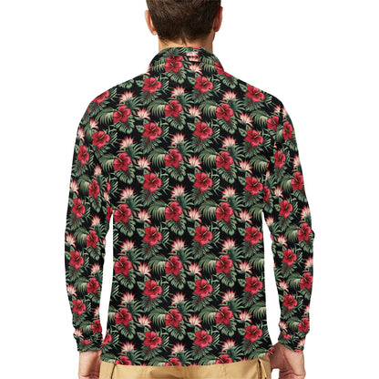 Flower Hawaiian Red Hibiscus Design Print Long Sleeve Polo Shirt For Men's