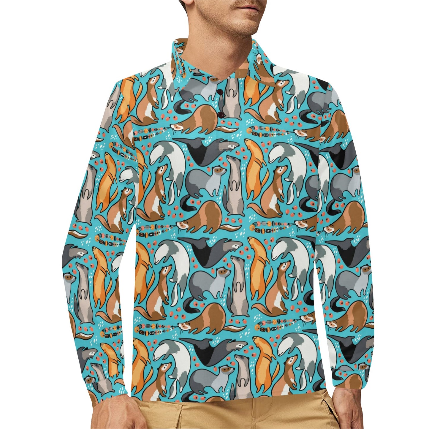 Ferret Pattern Print Design 03 Long Sleeve Polo Shirt For Men's