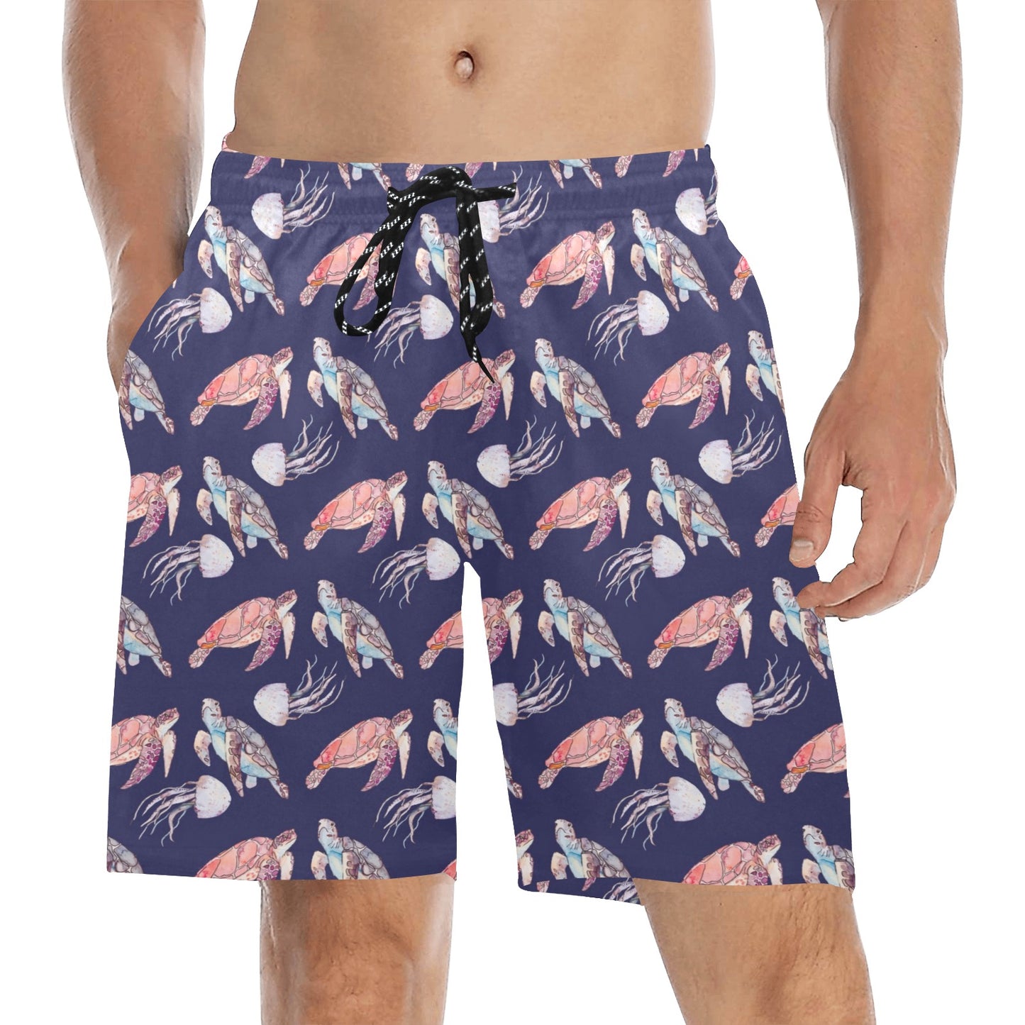 Sea Turtle With Jelly Fish Print Design LKS301 Men's Swim Trunks Beach Shorts