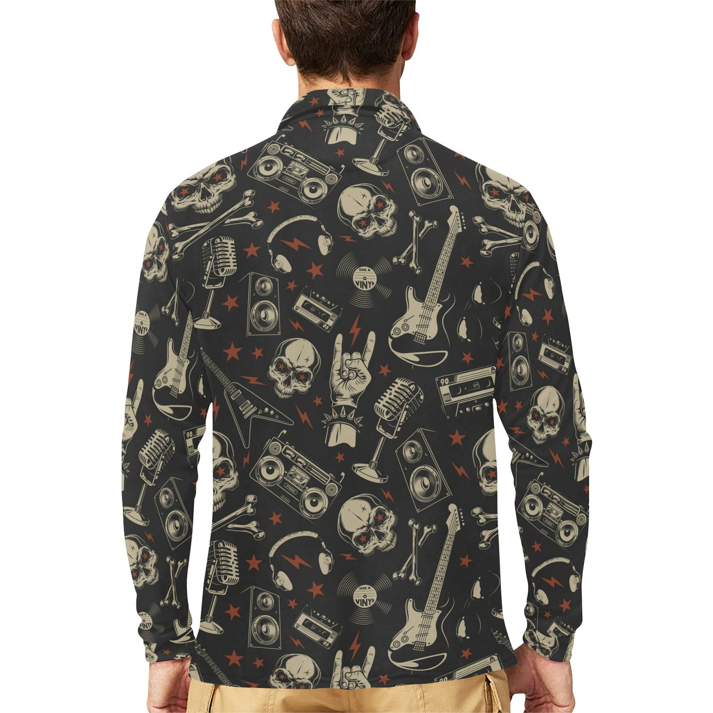 Rock and Roll Skull Pattern Print Design A03 Long Sleeve Polo Shirt For Men's