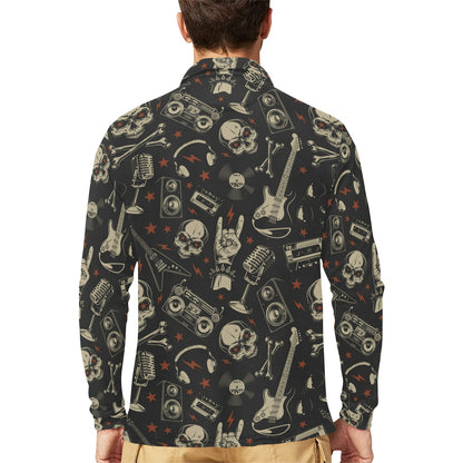 Rock and Roll Skull Pattern Print Design A03 Long Sleeve Polo Shirt For Men's