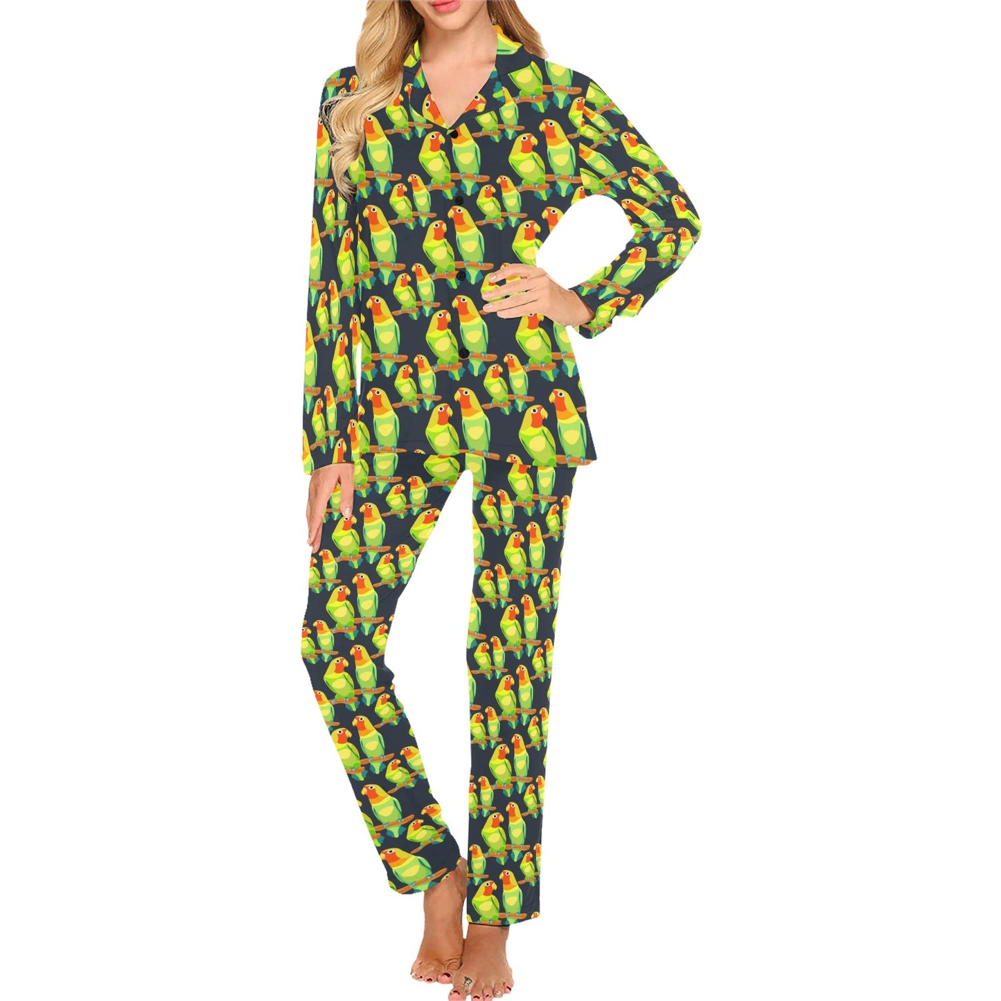 Lovebird Pattern Print Design 01 Women's Long Pajama Set
