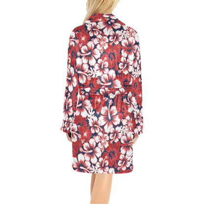 Red Hibiscus Pattern Print Design HB01 Women's Fleece Robe