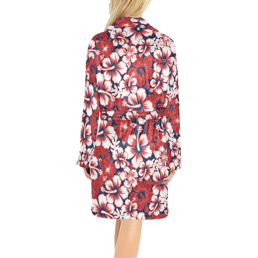 Red Hibiscus Pattern Print Design HB01 Women's Fleece Robe