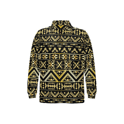 Gold Aztec Tribal Long Sleeve Polo Shirt For Men's