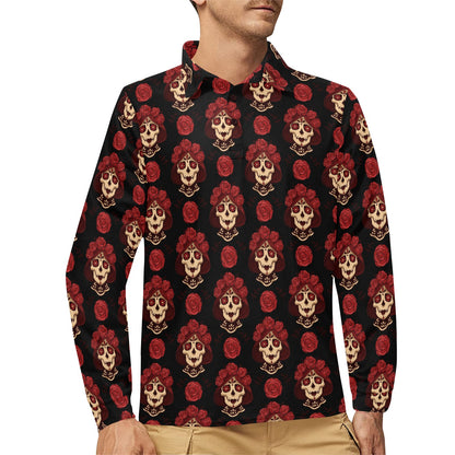 Day of the Dead Skull Girl Pattern Long Sleeve Polo Shirt For Men's