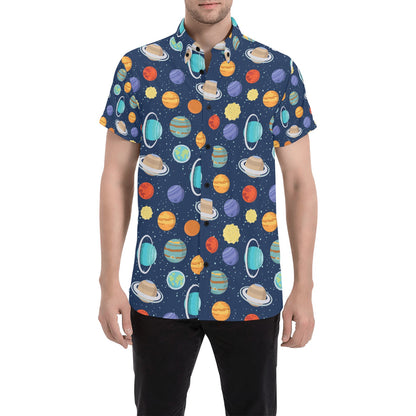 Planet With Star Print Design LKS303 Men Short Sleeve Button Up Shirt