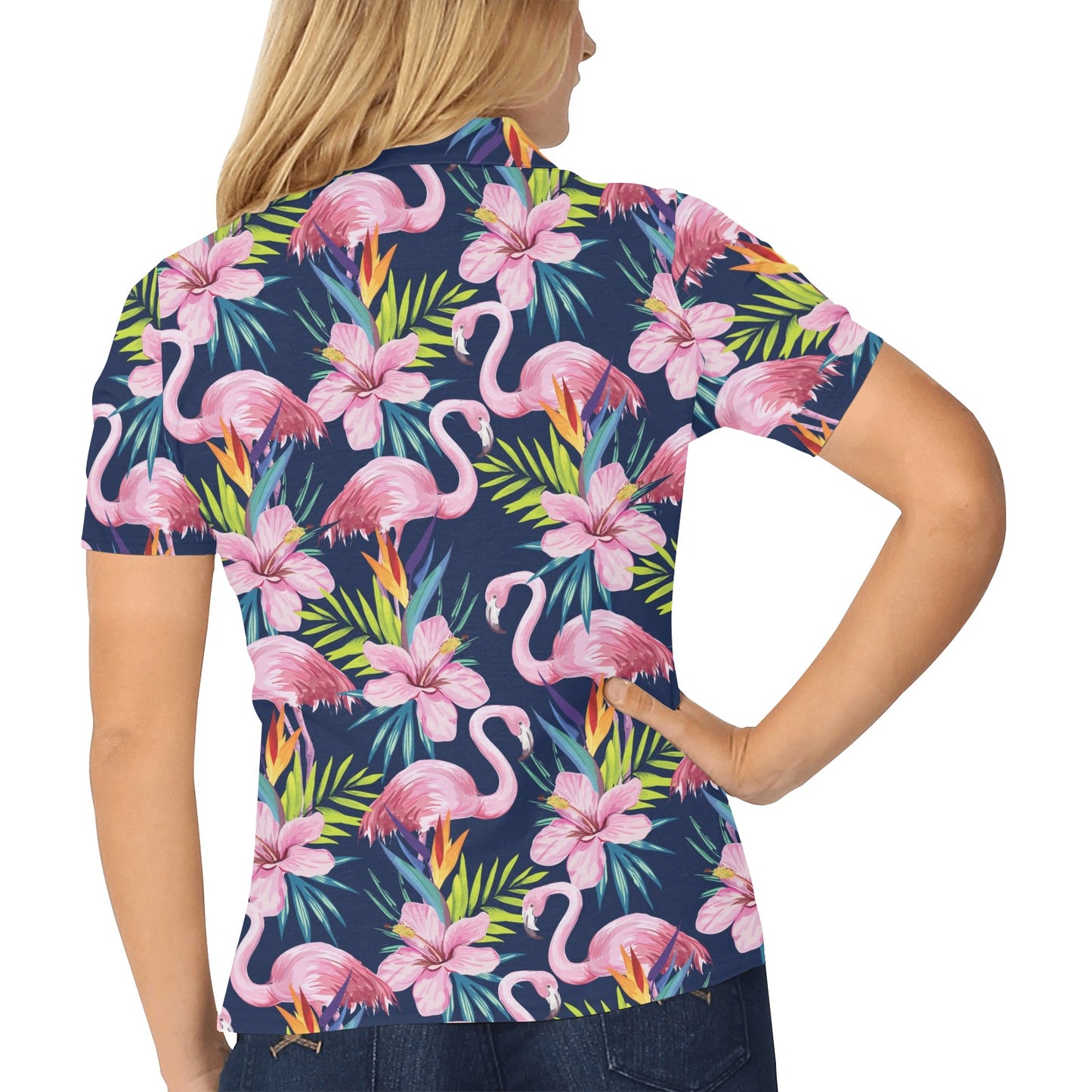 Flamingo Hibiscus Print Women's Polo Shirt