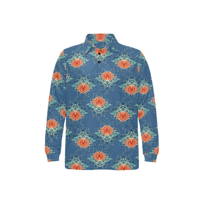 lotus Boho Pattern Print Design LO07 Long Sleeve Polo Shirt For Men's