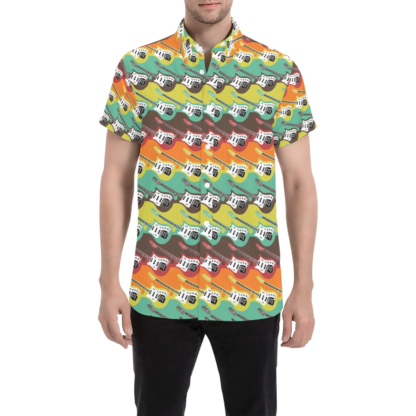 Electric Guitar Print Design LKS401 Men Short Sleeve Button Up Shirt