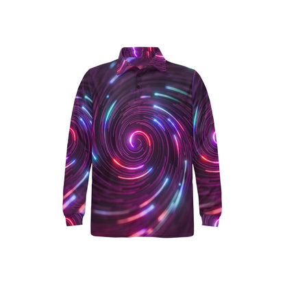 Vortex Twist Swirl Purple Neon Print Long Sleeve Polo Shirt For Men's